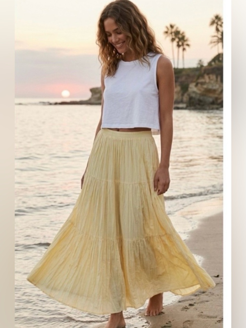 Jones of Dallas Pale Yellow 3-Tier Crinkle Maxi Skirt  Size OS EUC 100% Rayon